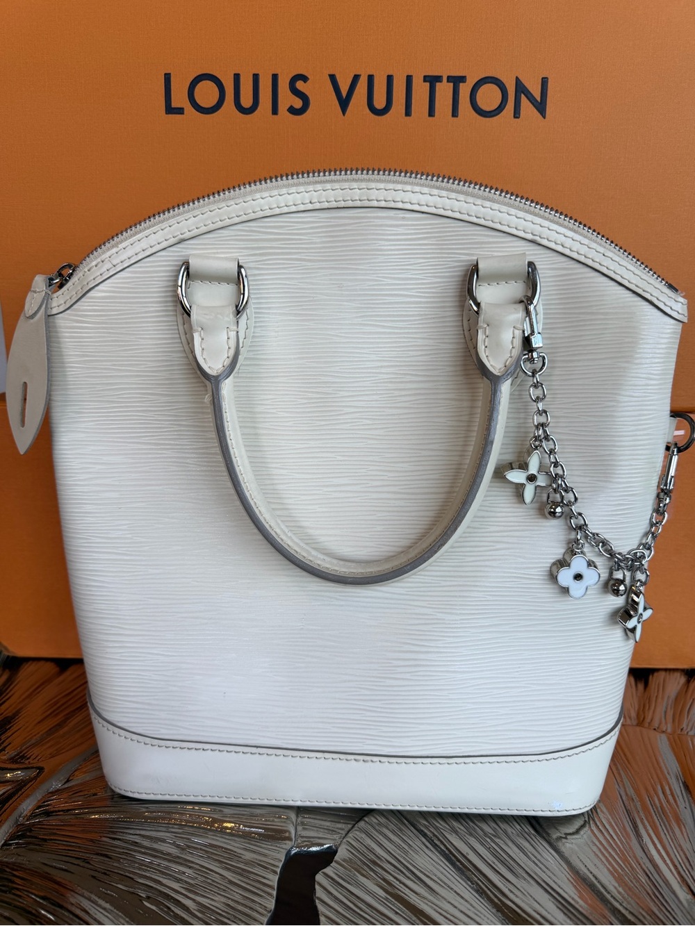 Louis Vuitton White Epi Leather Dome Satchel with Charm Chain